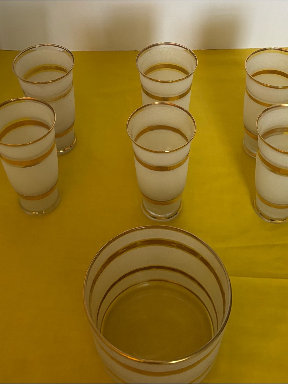 Vintage Gold-Rimmed Frosted Glass Tumbler Set and ice bucket Home Dining
